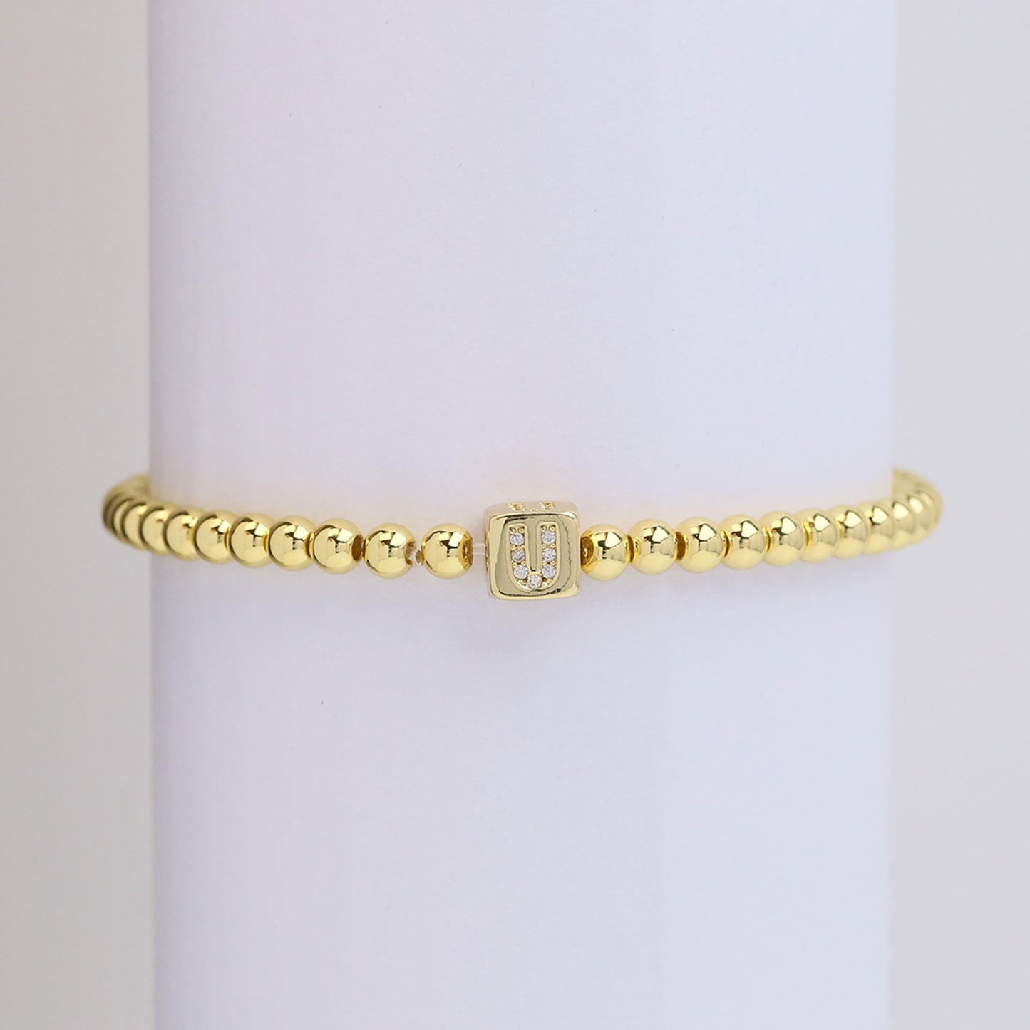 18k Gold Plated Copper Letter Zircon Beaded Stretch Bracelet