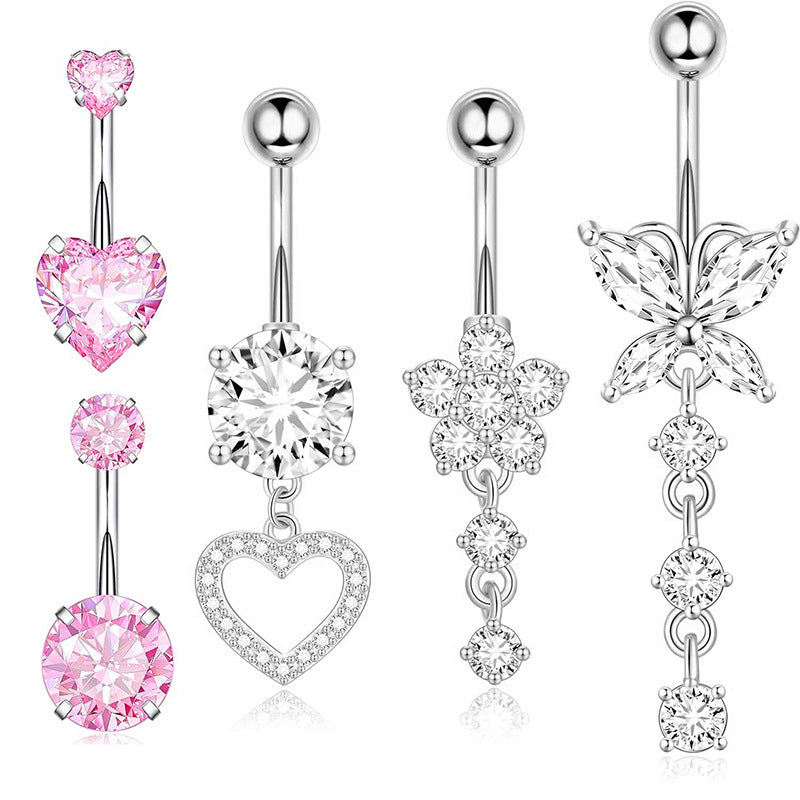 Heart & Butterfly Belly Rings Set - 316 Stainless Steel with Inlay Zircon