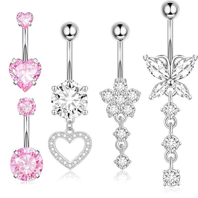 Heart & Butterfly Belly Rings Set - 316 Stainless Steel with Inlay Zircon