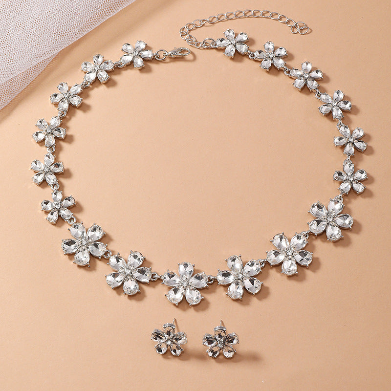 Elegant Bridal Flower Zirconia Rhinestone Necklace and Earring Set