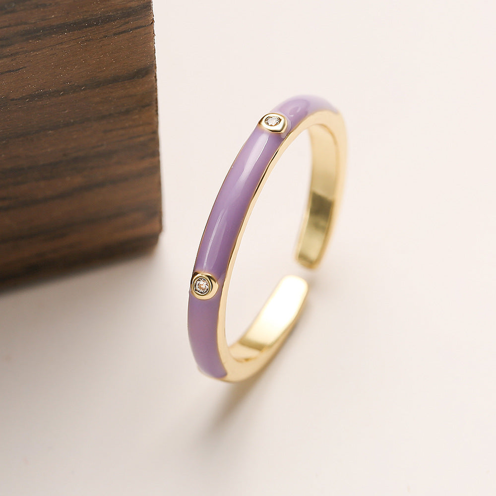 Simple Style 18K Gold Plated Zircon Enamel Open Ring