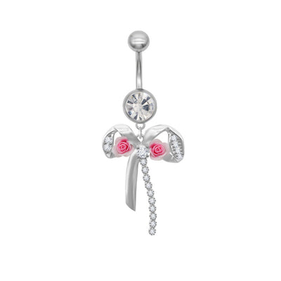 1 Piece Heart Shape Rose Bow Knot Belly Ring - 316 Stainless Steel with Rhinestones and White Gold Plating