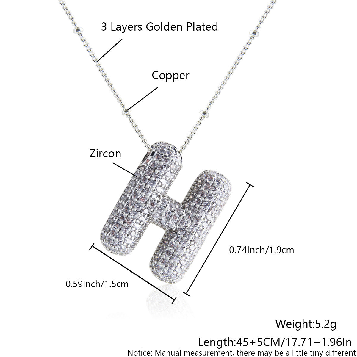 Elegant Zircon Letter Pendant Necklace - 304 Stainless Steel with Copper Plating