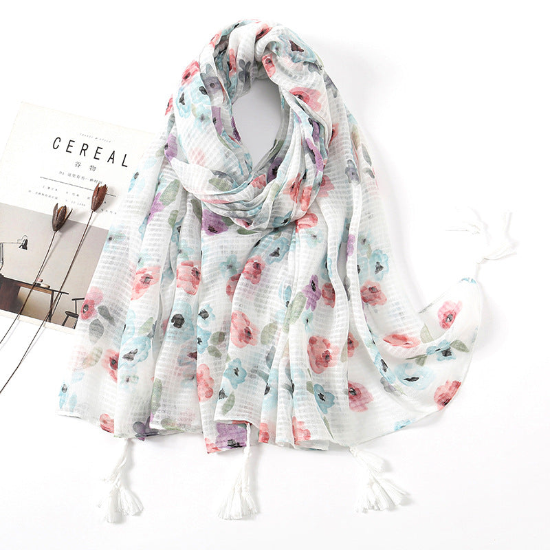 Women's Vintage Bohemian Floral Cotton Linen Print Scarf with Tassels