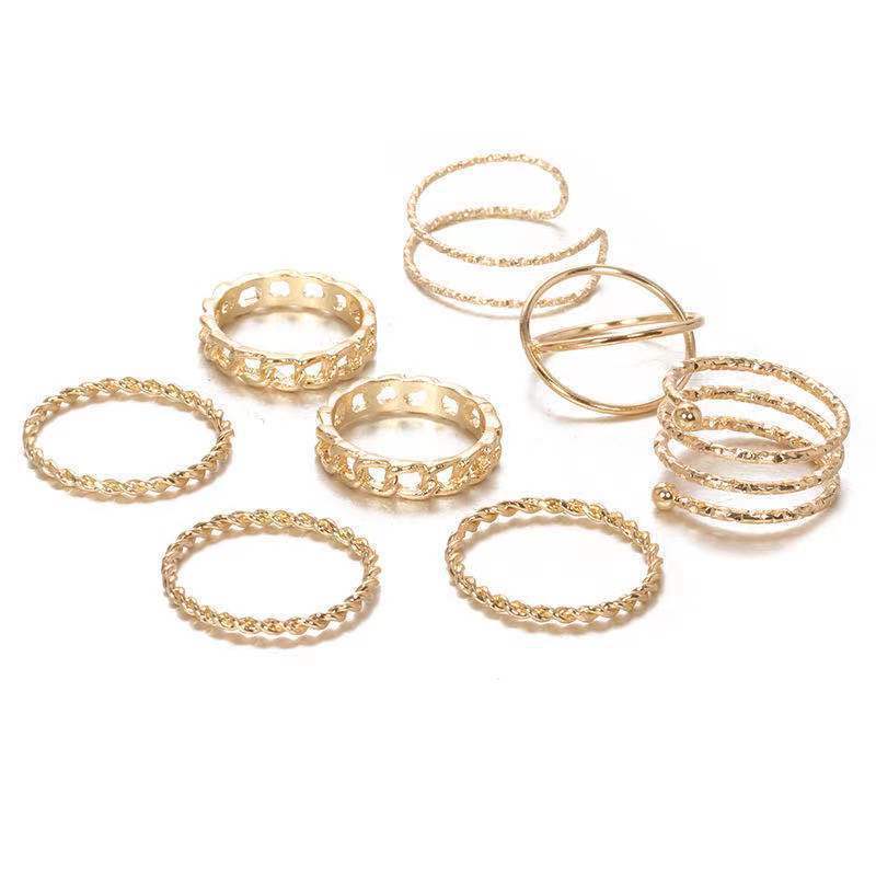 Simple Multi-layer Twist Ring and Minimalist Earrings Set - 8 Pieces