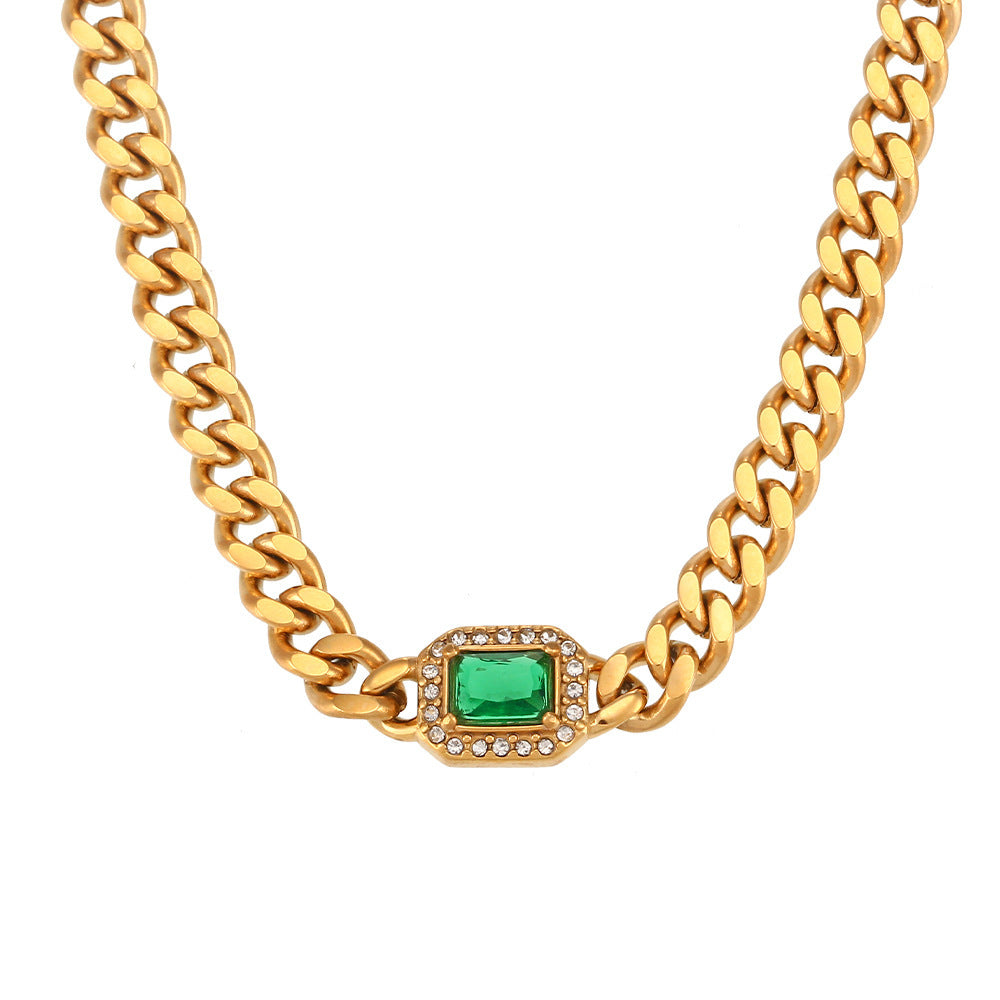 18K Gold Plated Zircon Stainless Steel Cuban Chain Bracelet Necklace Set