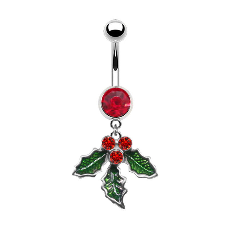 Simple Christmas Tree Snowflake Rhinestone Belly Ring in White Gold Plated Stainless Steel