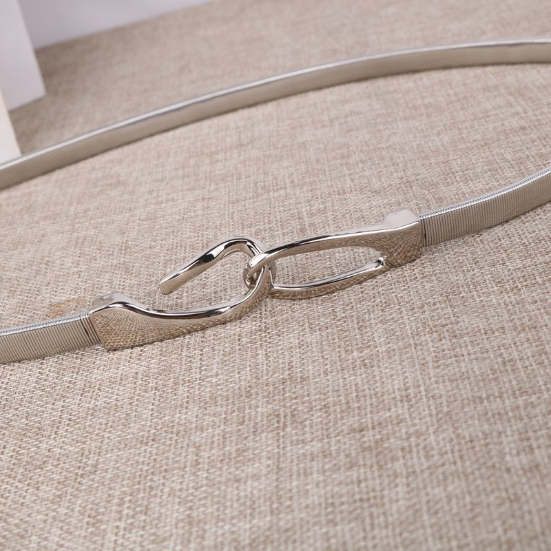 Women's Solid Color Metal Leather Belt with Elastic Hook Waist Chain Accessory