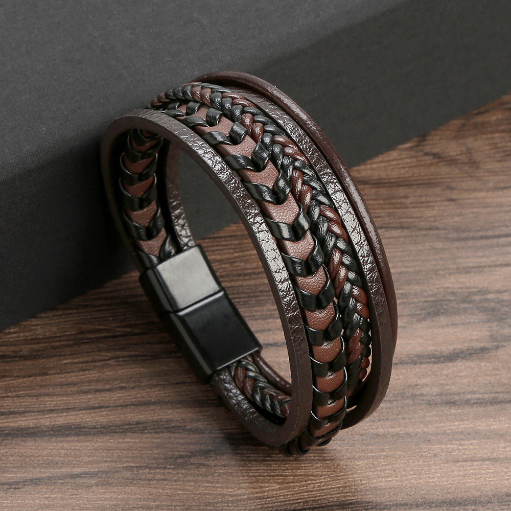 Hip-Hop Braided PU Leather Alloy Magnetic Clasp Men's Bracelet