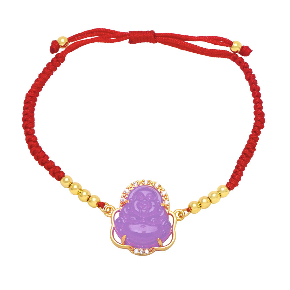 Fashion Buddha Gold Plated Zircon Beaded Copper Bracelet with Red String Design