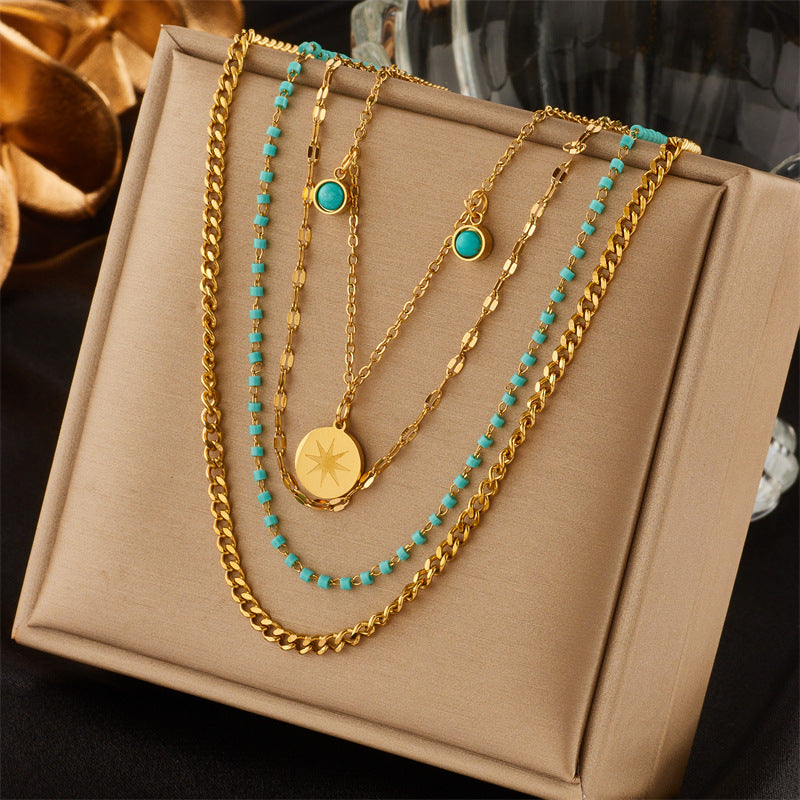 Retro Modern Style Eye Titanium Steel Plating Hollow Out Inlay Turquoise Zircon 18K Gold Plated Layered Necklaces