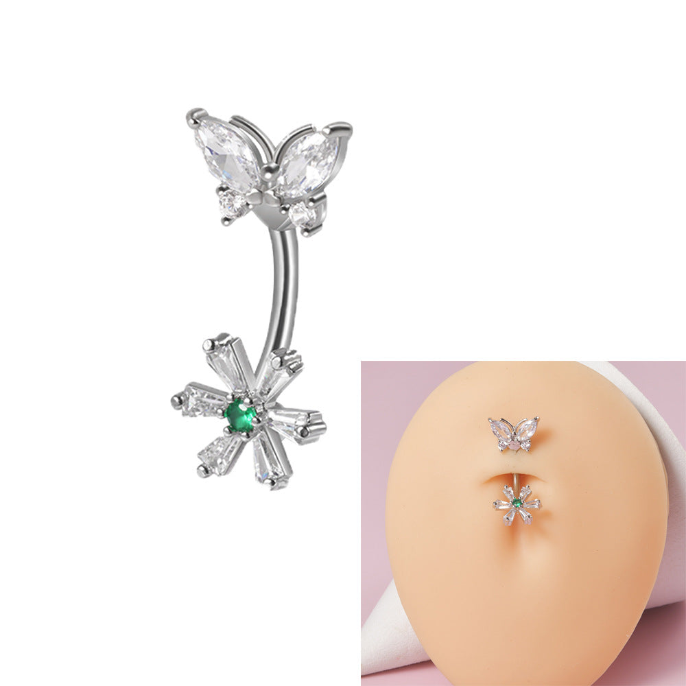 Flower Butterfly Zircon Belly Ring with Copper Inlay and Stainless Steel