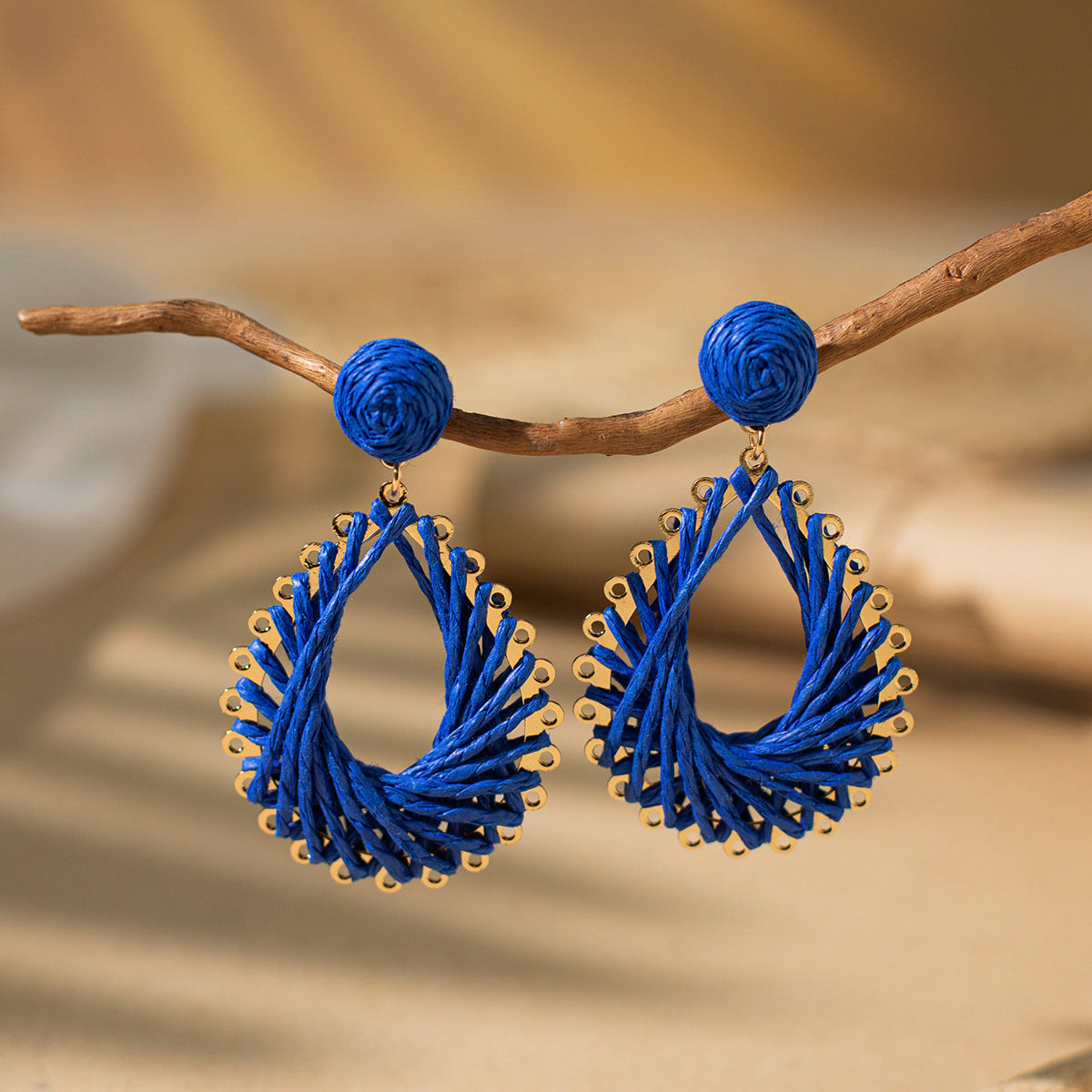 Bohemian Rattan Circle Braid Straw Drop Earrings for Vacation