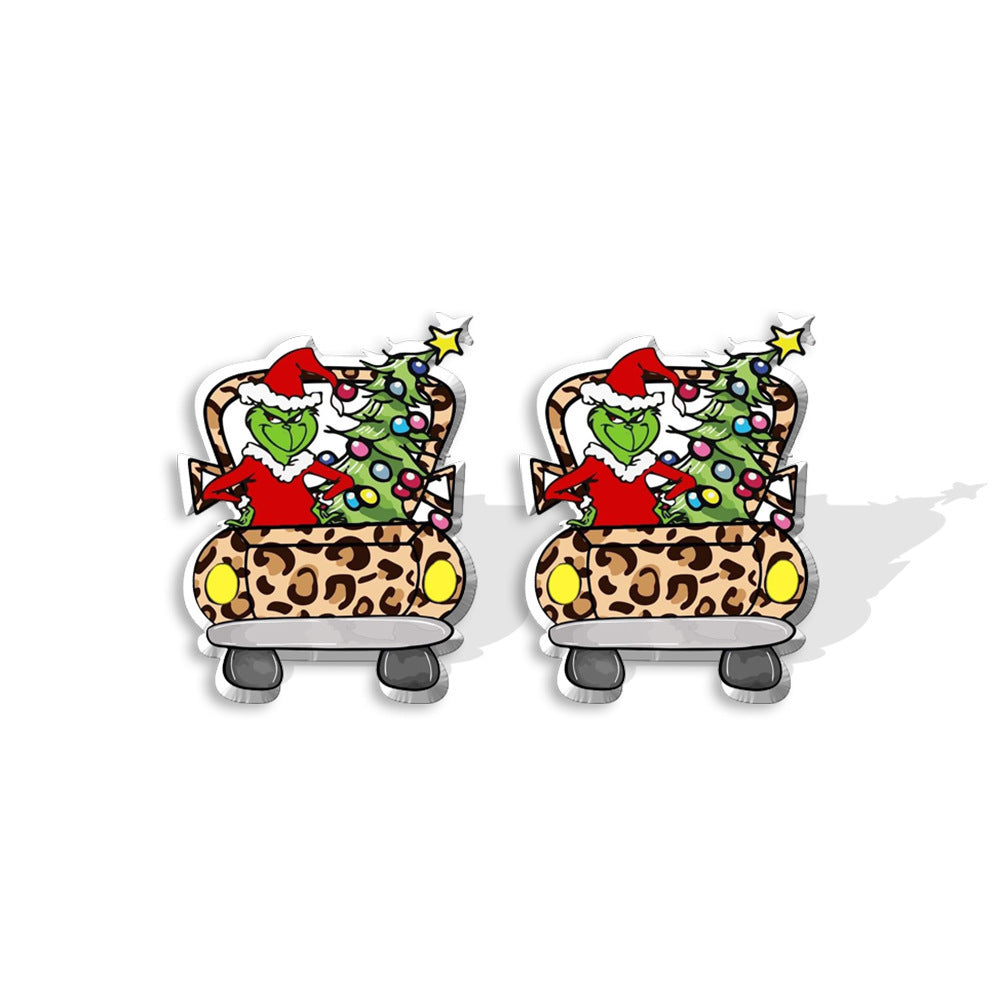 Cute Cartoon Christmas Tree Acrylic Earrings - Grinch Festive Studs for Women