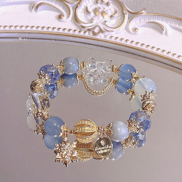 Sweet Clouds Rhombus Alloy Bracelet with Snowflake Pendant and Blue Beaded Bow Design