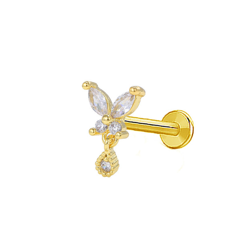 Butterfly Bow Knot Zircon Piercing Lip and Ear Studs - Stainless Steel & Gold Plated