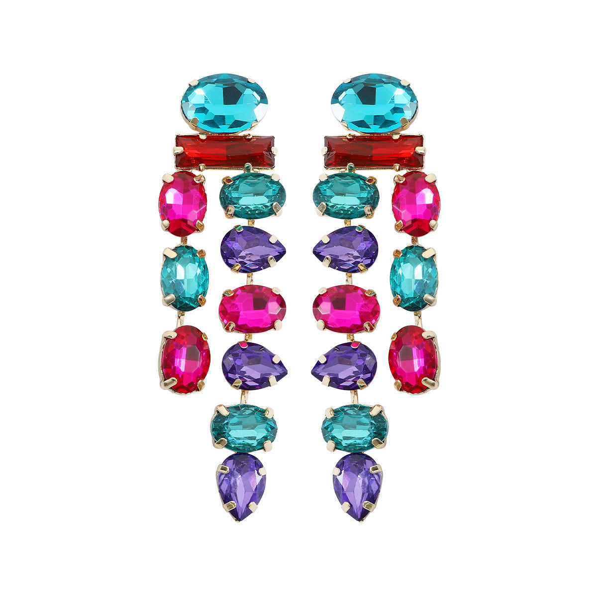 1 Pair Elegant Zircon Water Drop and Colorful Gemstone Tassel Earrings