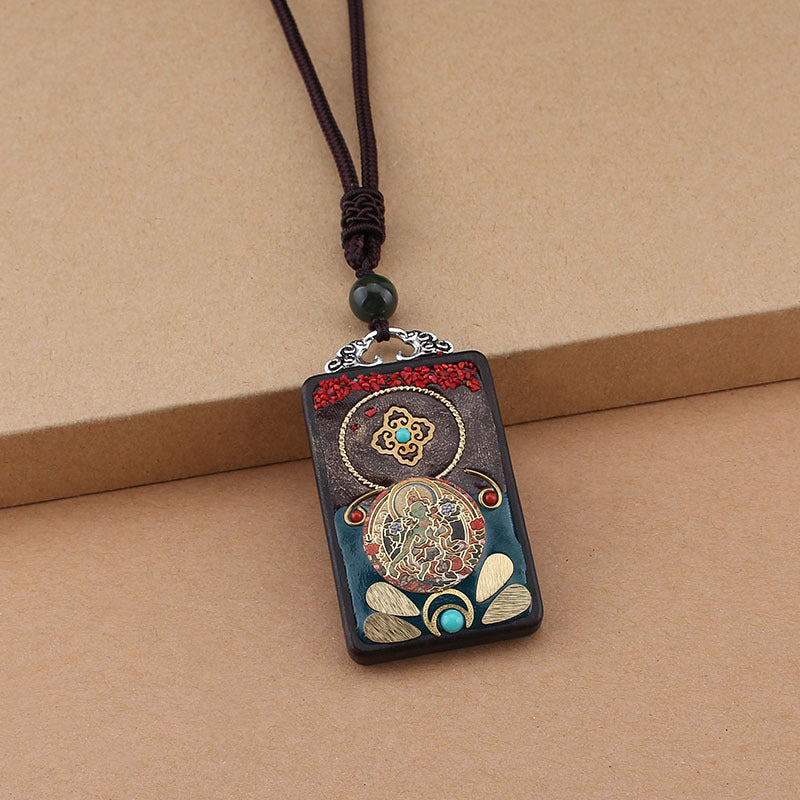 Ethnic Style Square Alloy Wood Unisex Pendant Necklace 1 Piece