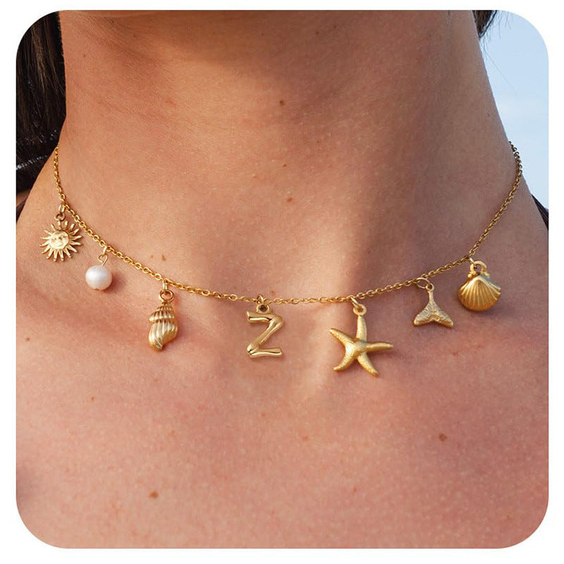 Copper Sun Starfish Pendant Necklace - Summer Beach Shell Choker