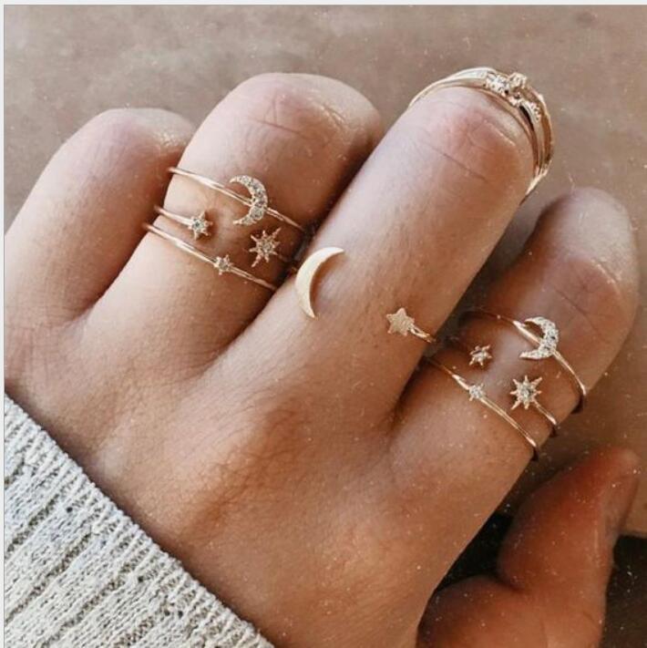 Simple Geometric Rhinestone Crescent Moon Ring Set - 9 Pieces