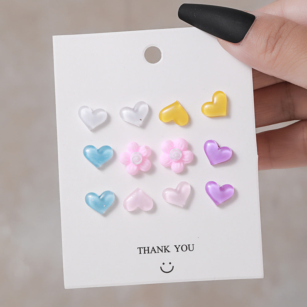 1 Set Colorful Resin Heart and Flower Stud Earrings - 6 Pairs Korean Style Jewelry for Women