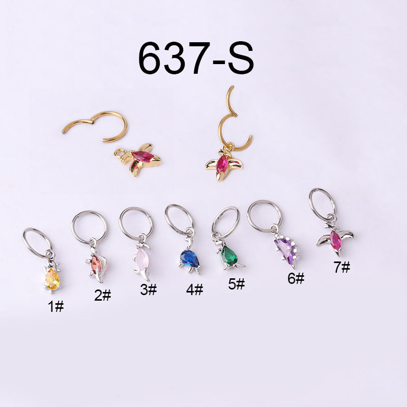 Fashion Animal Ear Cartilage Rings & Studs with Colorful Zircon Dinosaur Pendant, 316 Stainless Steel Copper Plated, 18g Piercing Jewelry