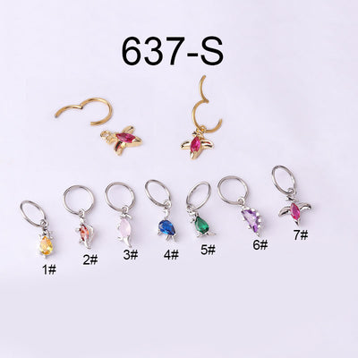 Fashion Animal Ear Cartilage Rings & Studs with Colorful Zircon Dinosaur Pendant, 316 Stainless Steel Copper Plated, 18g Piercing Jewelry