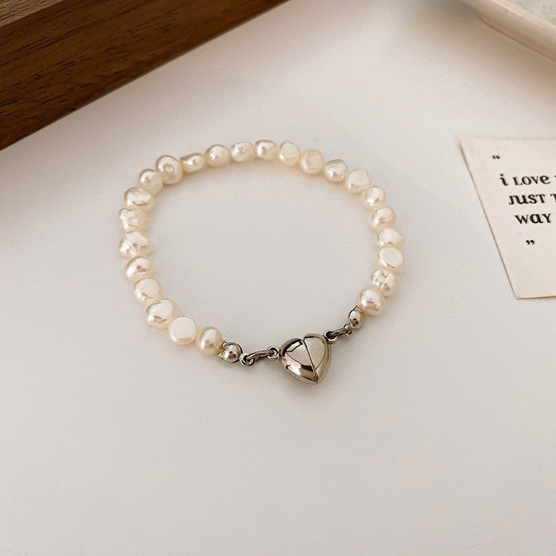 Fashion Heart Butterfly Pearl Bracelet with T-Shaped Buckle - Retro Love Design for Women