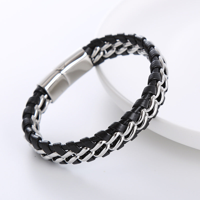 Geometric Stainless Steel Double Chain Braided Leather Men's Bracelet