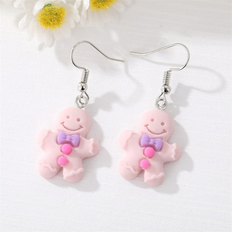 Cartoon Gingerbread Man Resin Earrings with Bow - Three-Dimensional Design