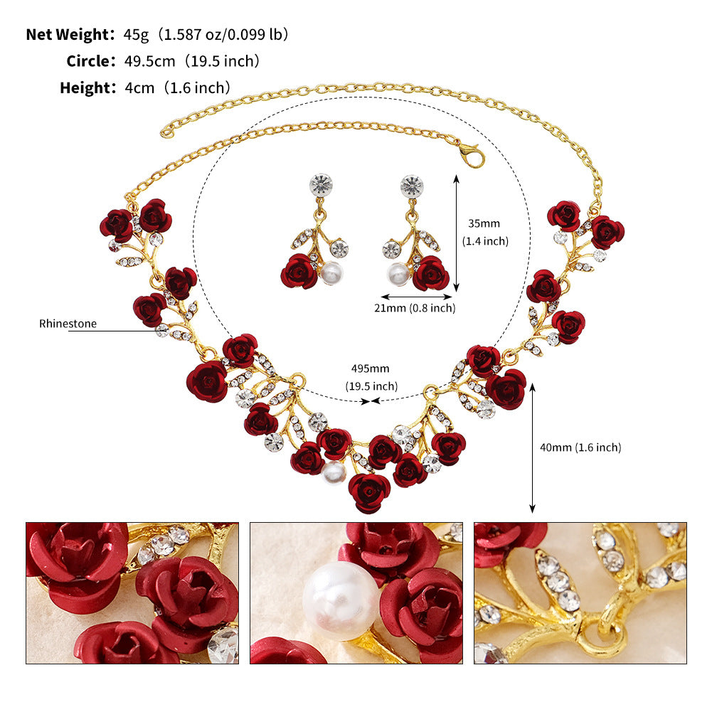 Baroque Red Rose Diamond Crown and Vintage Necklace Earring Set for Weddings