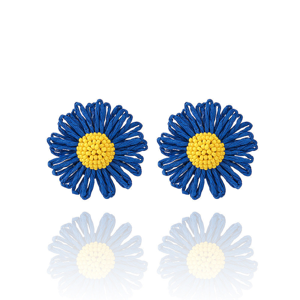 1 Pair Cute Daisy Raffia Flower Drop Earrings for Summer Beach Style