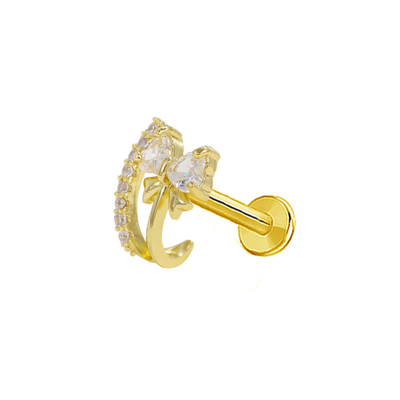 Butterfly Bow Knot Zircon Piercing Lip and Ear Studs - Stainless Steel & Gold Plated