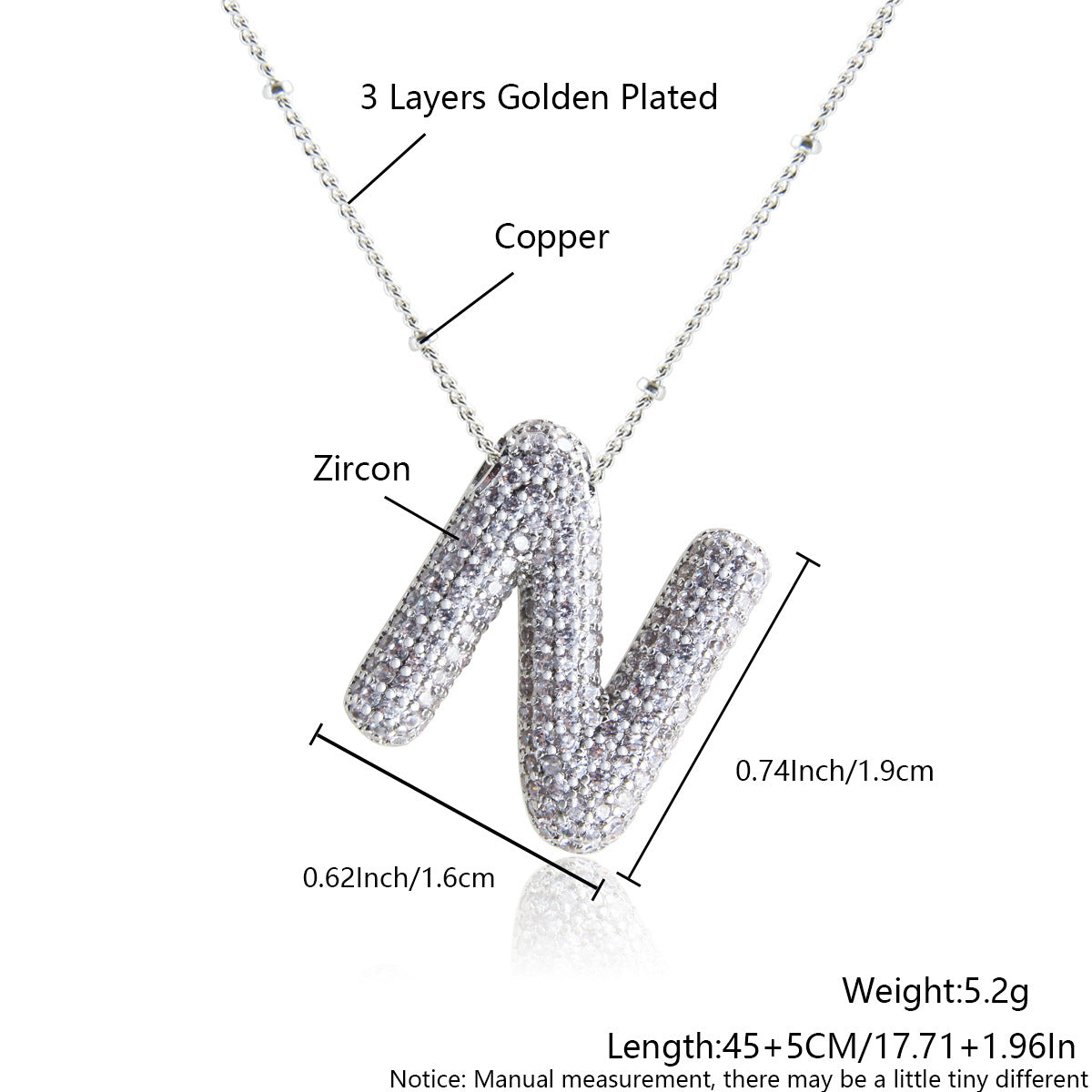 Elegant Zircon Letter Pendant Necklace - 304 Stainless Steel with Copper Plating