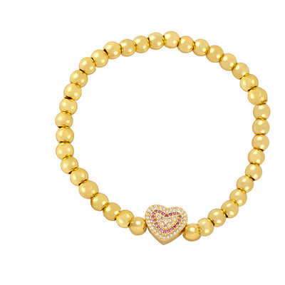 Fashion Zircon Heart & Gold Bead Copper Bracelet