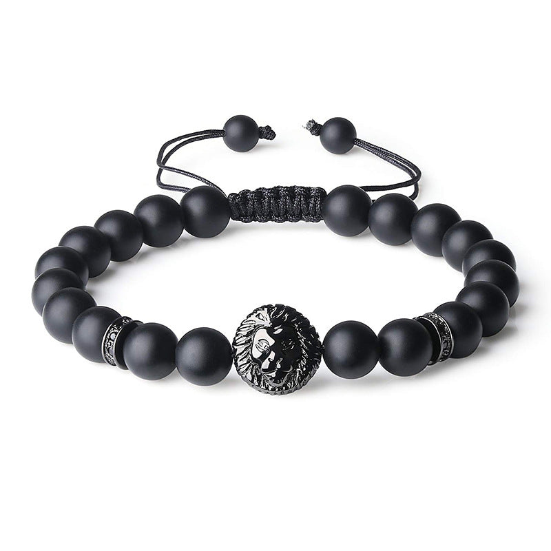 Retro Geometric Tiger Eye & Black Matte Stone Men's Bracelet with Lion Head and Micro Pave Zircon