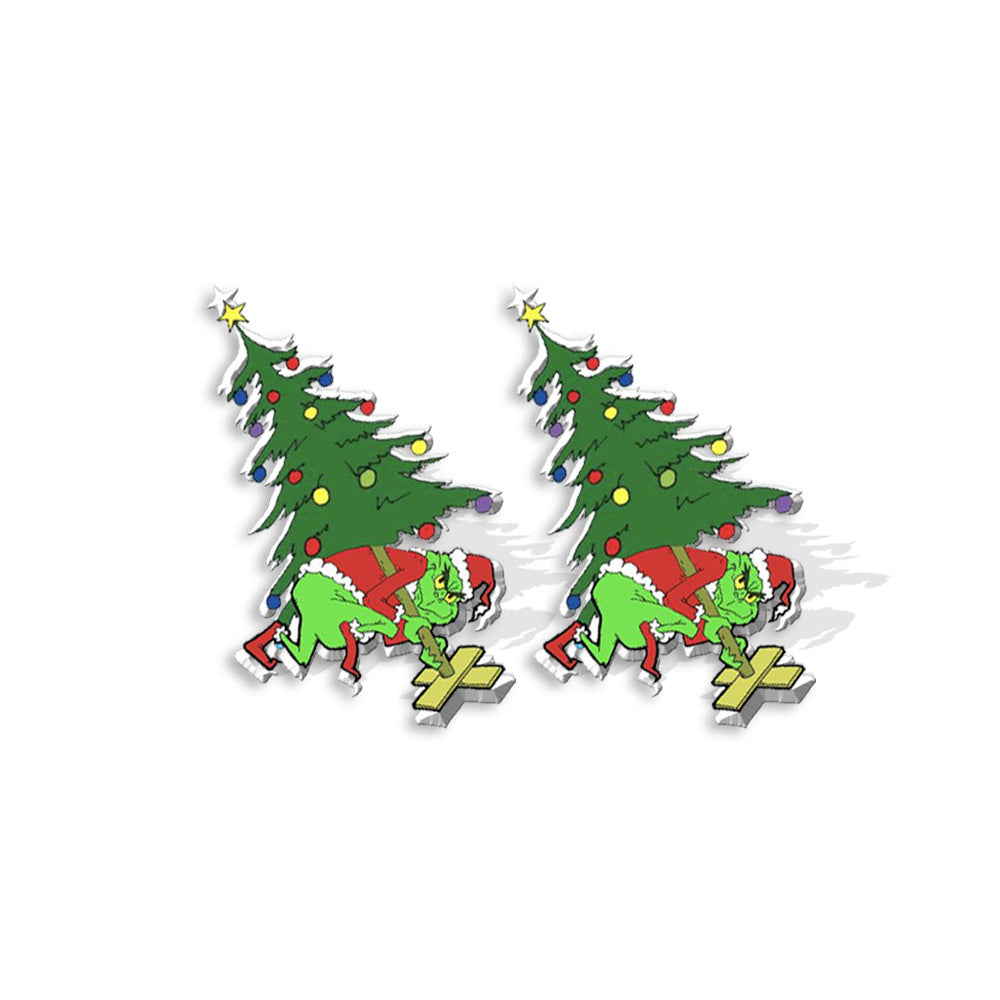 Cute Cartoon Christmas Tree Acrylic Earrings - Grinch Festive Studs for Women