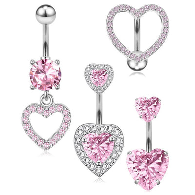 Heart Shape Zircon Inlay Stainless Steel Belly Ring Set