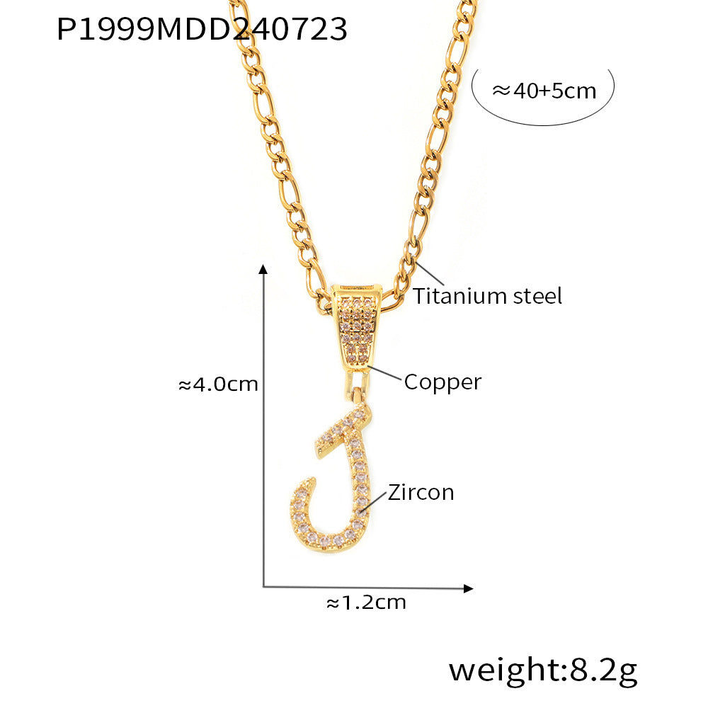 18K Gold Plated Titanium Steel Cursive Letter Pendant Necklace with Zircon Accents