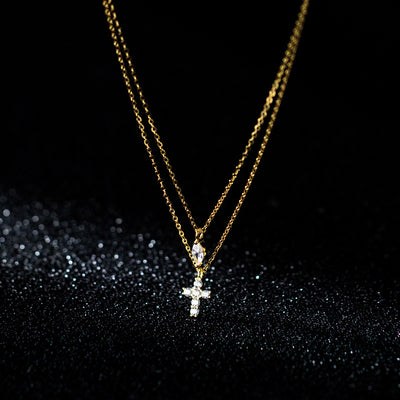 Simple Style Silver Plated Women's Cross Layered Necklace with Zircon Inlay