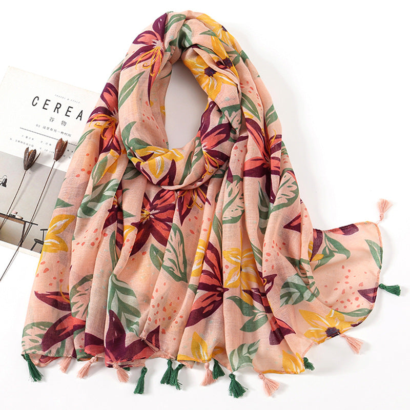 Women's Vintage Bohemian Floral Cotton Linen Print Scarf with Tassels