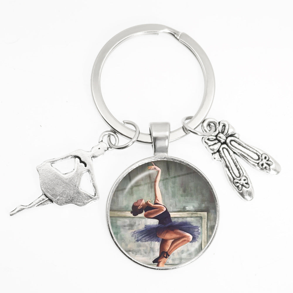 Artistic Ballet Dancer Round Alloy Metal Keychain Pendant