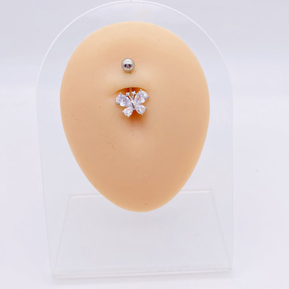 Retro Heart & Butterfly Zircon Stainless Steel Belly Ring