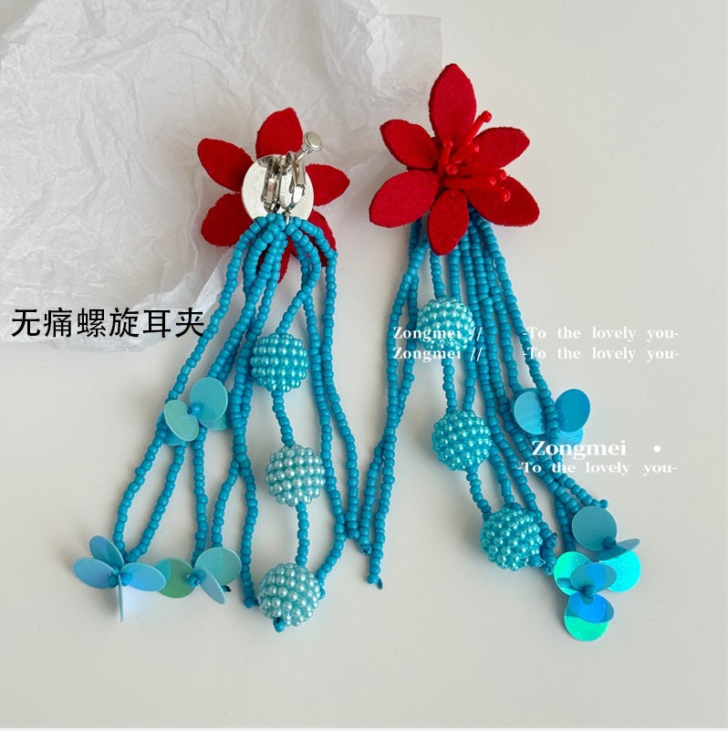 IG Style Retro Flower Beaded Tassel Resin Drop Earrings