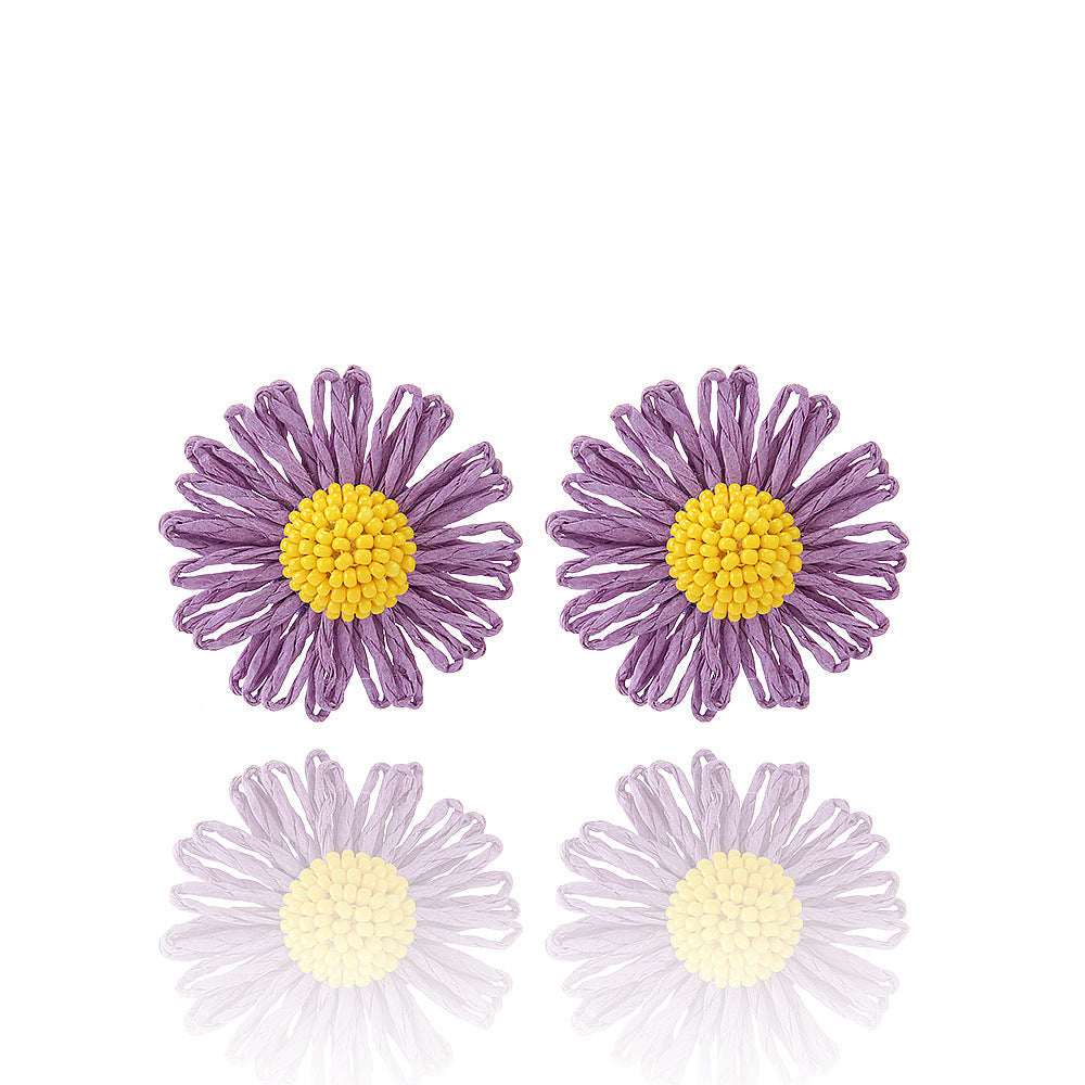 1 Pair Cute Daisy Raffia Flower Drop Earrings for Summer Beach Style