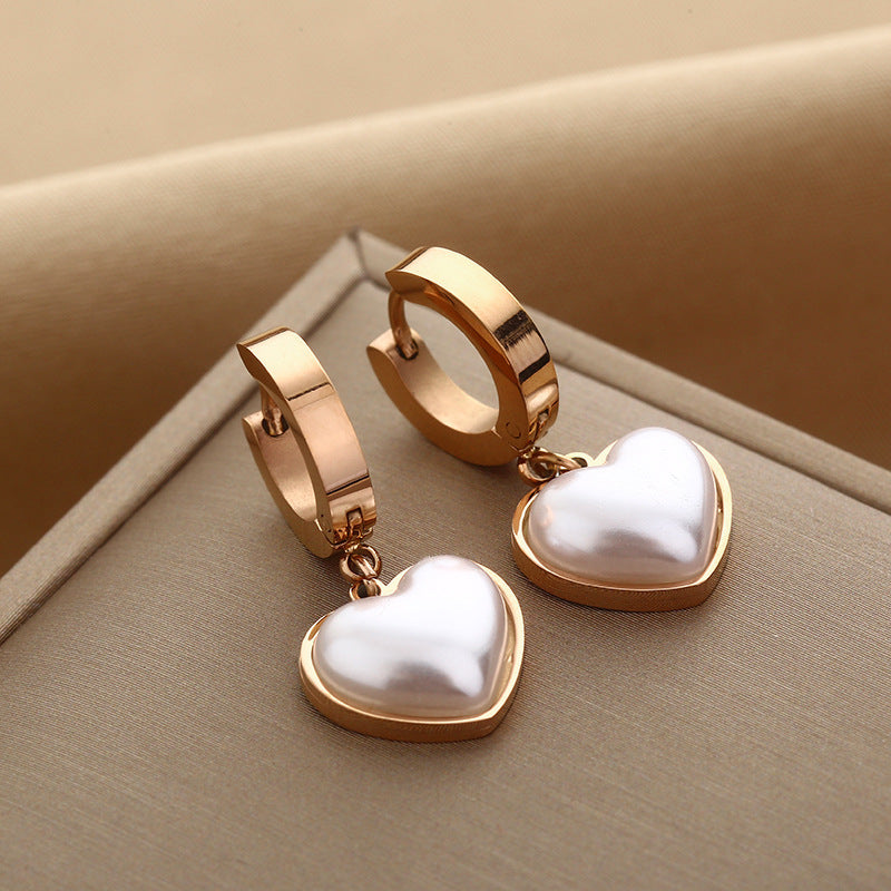 Heart Shape Pearl Inlay Titanium Steel Hoop Earrings