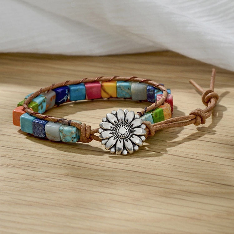 Ethnic Color Block Agate Stone Handmade Leather Bracelet