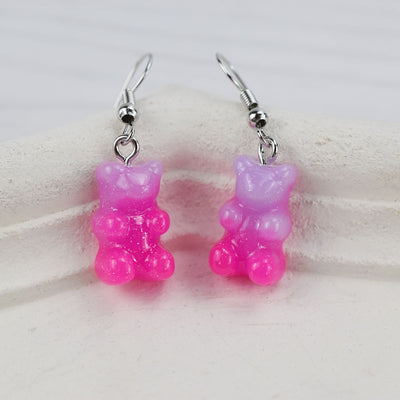 Cartoon Bear Resin Women's Earrings - Colorful Transparent Purple Hook Design