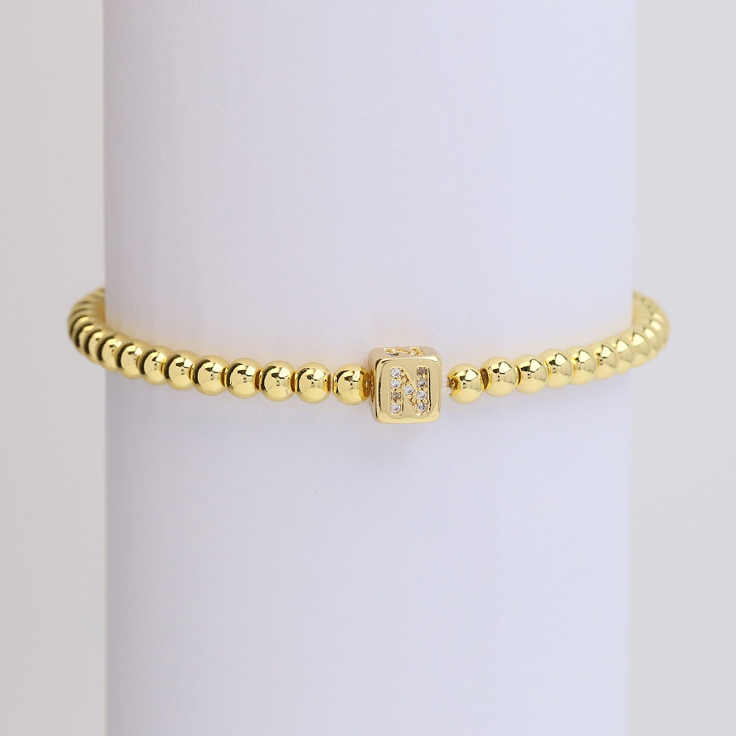 18k Gold Plated Copper Letter Zircon Beaded Stretch Bracelet