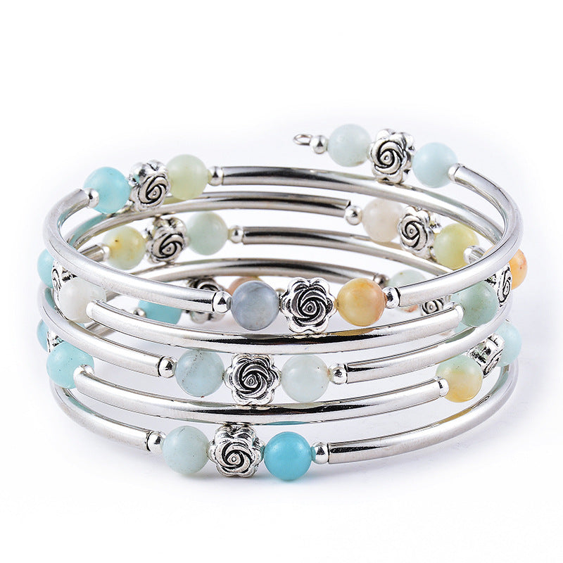 Fashion Flower Turquoise Agate Crystal Layered Wrap Bracelet Set